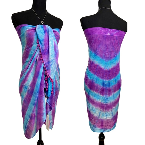 NWT Gypsy 05 Sand Purple & Blue Tie Dye Scarf with PomPoms - Picture 2 of 5